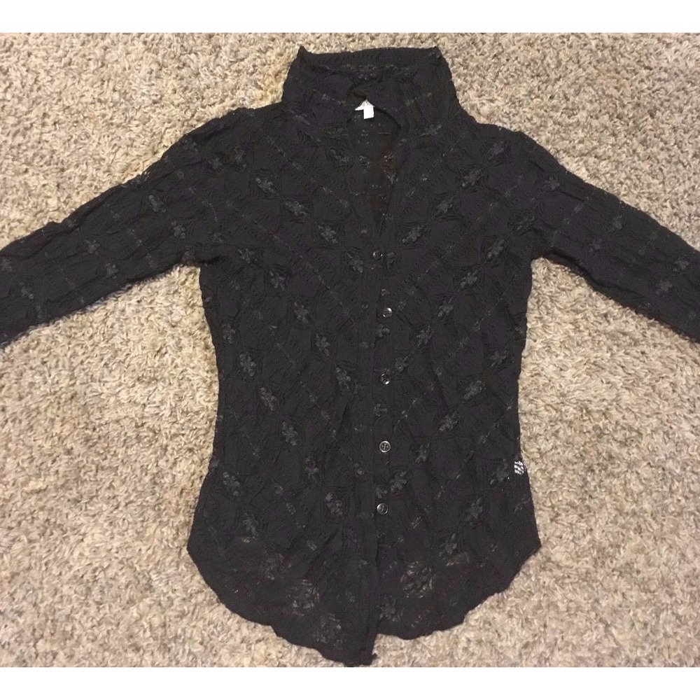 Moa Moa Black Lace Button Down Shirt Womens Small Long Sleeve Blouse Patterned